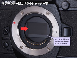 写真03ミラーレス一眼カメラのシャッター ミラーレス一眼カメラの場合は、シャッター幕の前にミラーがない。また、通常はシャッター幕が開ききった状態になっている。