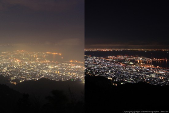 兵庫県神戸市・摩耶山からの夜景写真。左が4月に撮影した写真で右が1月に撮影。4月頃から気温や湿度が高くなり、夜景撮影には厳しい季節となる。1月の写真は空気が澄んでいて、遠くの方まで街明かりが綺麗に見えているのがわかる。