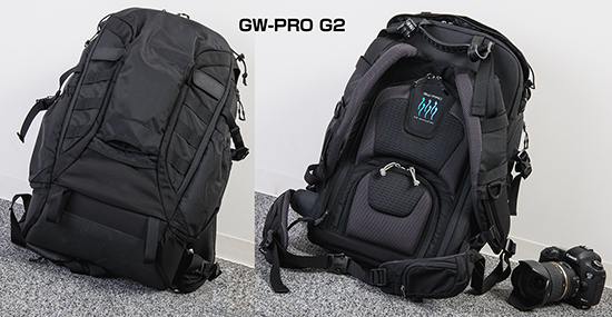 GW-PRO M G2 より一回り大きなバックパック。複数のカメラとレンズ、そしてストロボを入れることもできる
