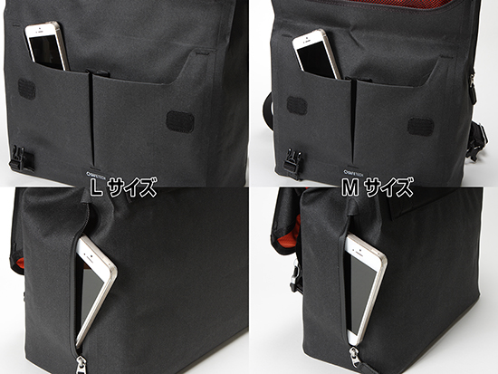 左右分割式のフロントポケットにはスマートフォンなど身の回りのものを入れられる。バッグ両脇にもポケットを備える。どちらもスマートフォンなどを入れておくにはちょうどよい大きさだ。もちろんジッパーは防塵防滴構造としている