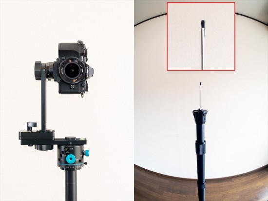 カメラが正面の状態、金属の棒が手前の被写体、背後の黒いテープが奥側の被写体です