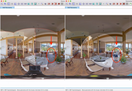 Panorama Editorで見れば、カバーしている範囲が理解できます。画像の左半分を繋ぎ目表示モード、右半分をオーバーレイモードにしてあります。オーバーレイモードでは見えてしまっている写り込み箇所は、繋ぎ目表示モードでは水平カット「2」の画像によって完全にカバーされています。