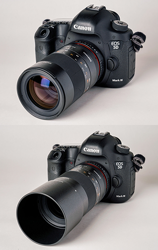 SAMYANG 100mm F2.8 ED UMC MACRO を Canon EOS 5D MarkIII に装着したところ（ 上 ）と、レンズフードを装着したところ（ 下 ）