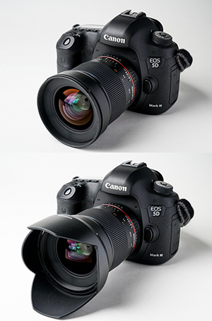 SAMYANG 24mm F1.4 ED AS IF UMC を Canon EOS 5D Mark III に装着。フード無し（上）とフード装着（下）