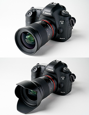 SAMYANG 35mm F1.4 AS UMC を Canon EOS 5D Mark IV に装着。フード無し（上）とフード装着（下）