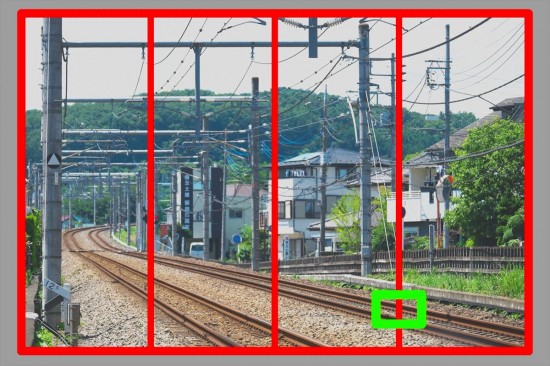 ピント位置の目安は４分割線と線路の交点付近だ。これより右に設定すると、合焦面はフレーム外になりかねない。