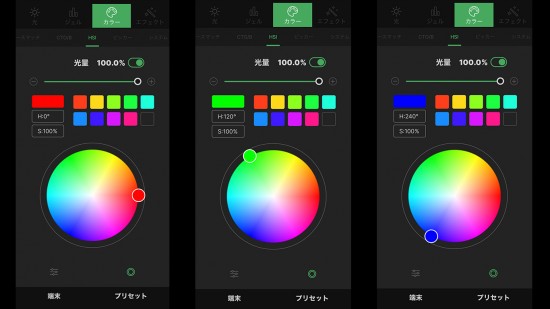 AL-MCのように正確なライトを使い、色相（Hue)を １２０度ずつずらして、3個のライトの合計が360度になるように設定をすれば様々な色で同様のことができるようになる。