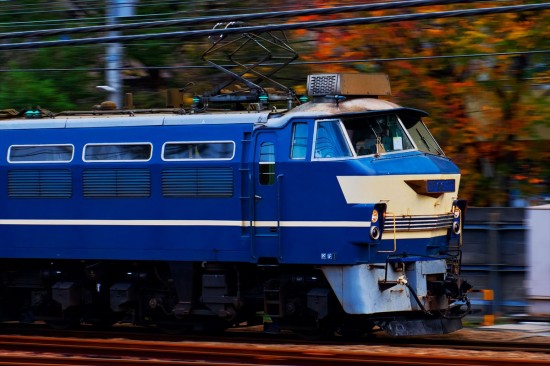 焦点距離： 100mm / シャッター速度：1/100秒 / 絞り数値：F9.0 / ISO感度：450　ブルトレなき今、東海道系統を勇ましく走るE F66牽引貨物列車は人気の列車だ。通常の鉄道写真では、列車の近くに目障りなものを入れるのはご法度とされている。ただし流し撮りの場合は、主役の躍動感を引き立てる脇役にもなってくれる。ケースバイケースで考えたい。